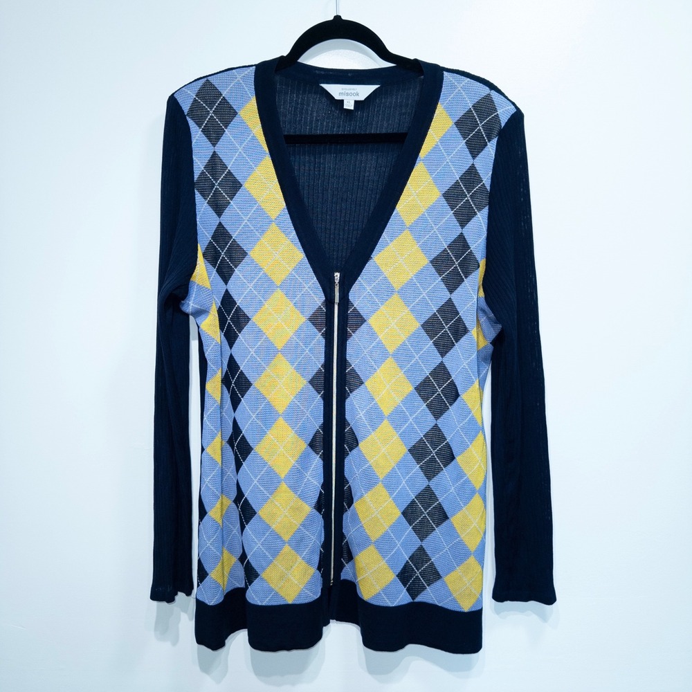 New Misook Navy Blue & Yellow Argyle Plaid‎ Zip Cardigan Size XL